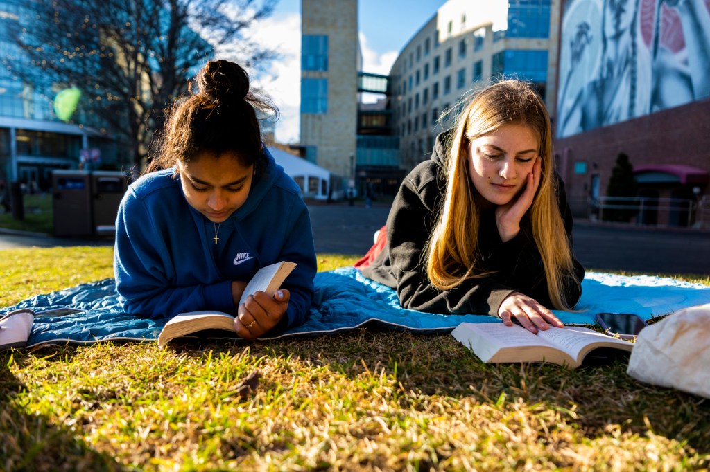 两位学生用草坪毛毯阅读书籍
